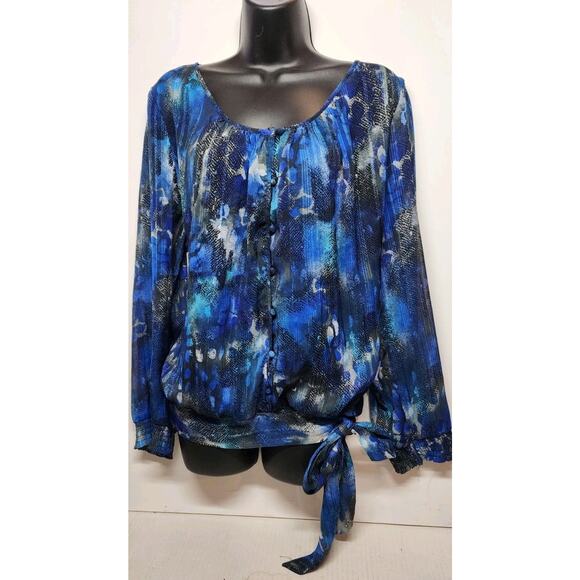 Women's Roz and Ali 18-20 Long Sleeve Tie Waist Scoop Neck Ruffled Flowing Blue - Picture 8 of 16